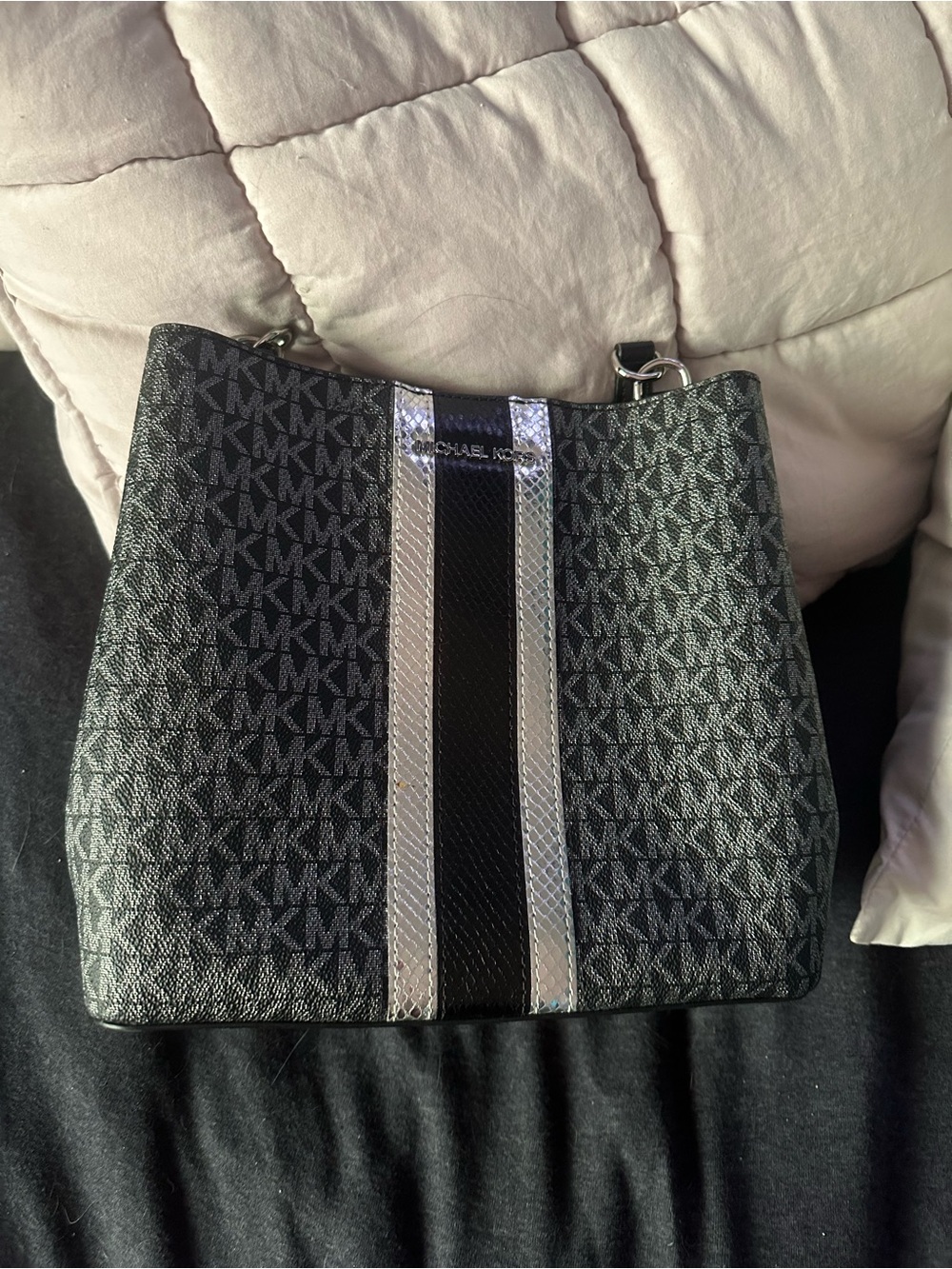 Michael Kors Black Signature Messenger with Silver and Black Stripe